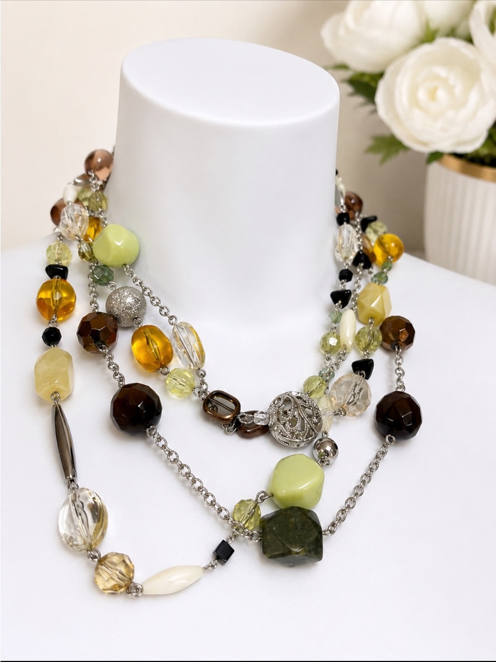Lia Sophia Multi-Strand Necklace with Green, Amber, Brown and Clear Beads